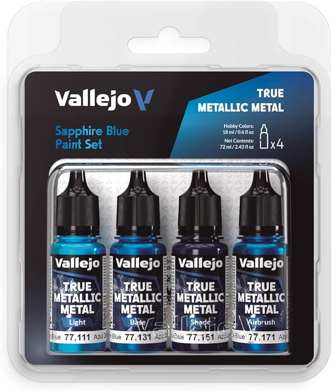 Vallejo True Metallic Paint Set, Sapphire Blue for Metal Painting, Includes Base, Light, Shade, Airbrush, BSL System for Consistent Results, 4 Colors
