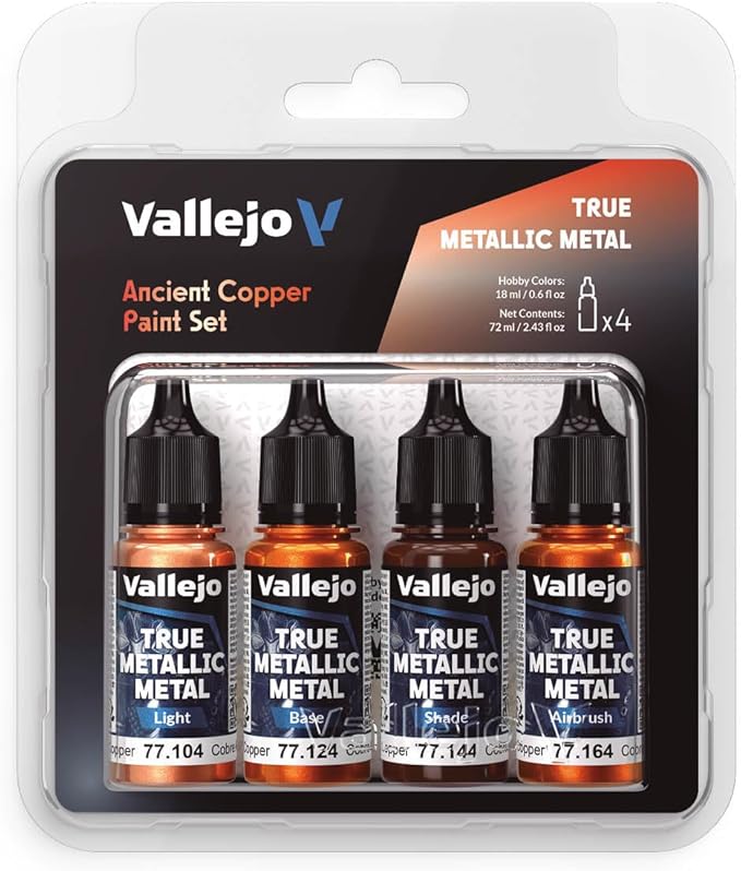 Vallejo True Metallic Paint Set, Ancient Copper, 4 Colors for Metal Painting, Includes Base, Light, Shade, Airbrush, BSL System for Consistent Results, Made in Spain