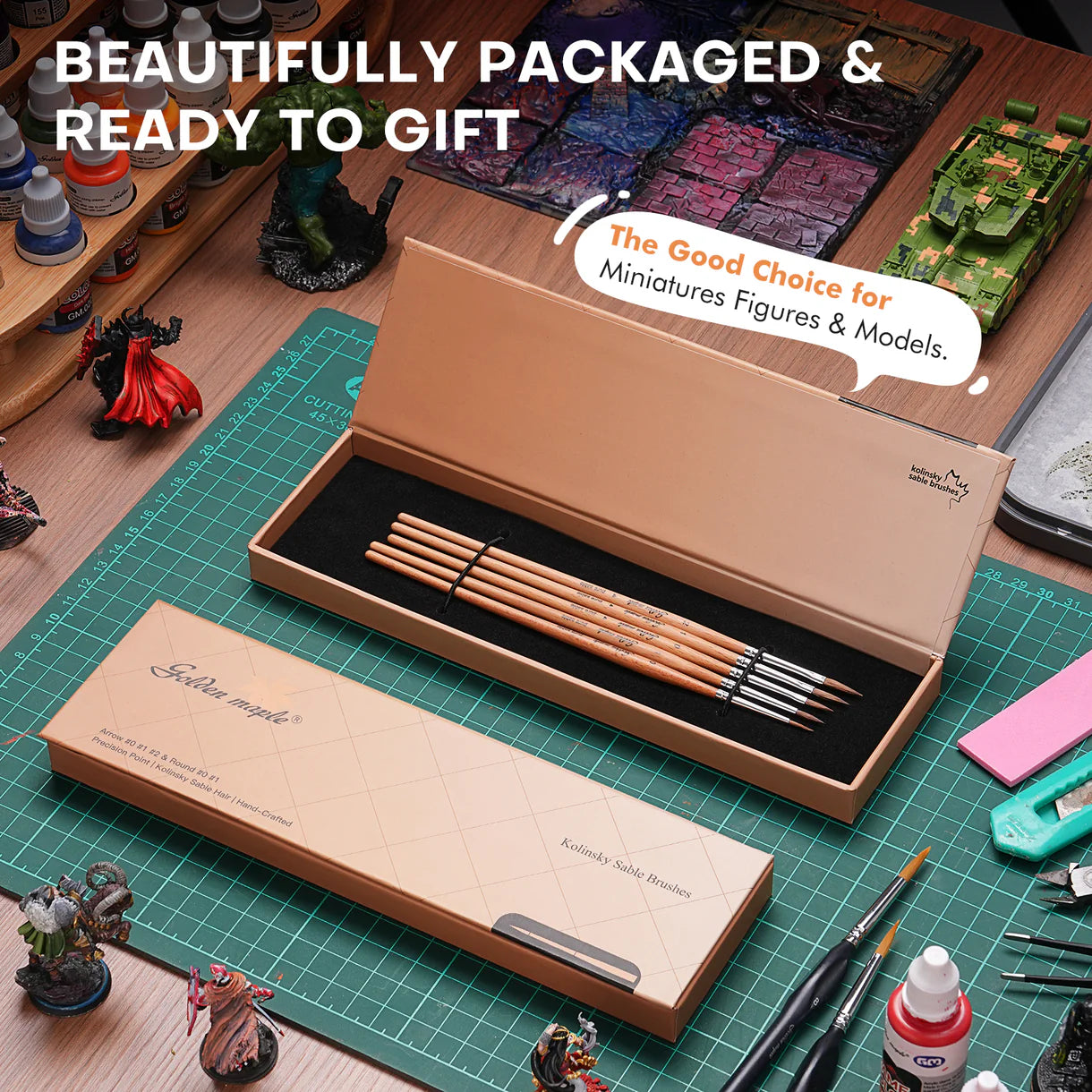 GOLDEN MAPLE: Premium Kolinsky Sable with Beech Wood Handles & Arrow Shaped Miniature Painting Brush