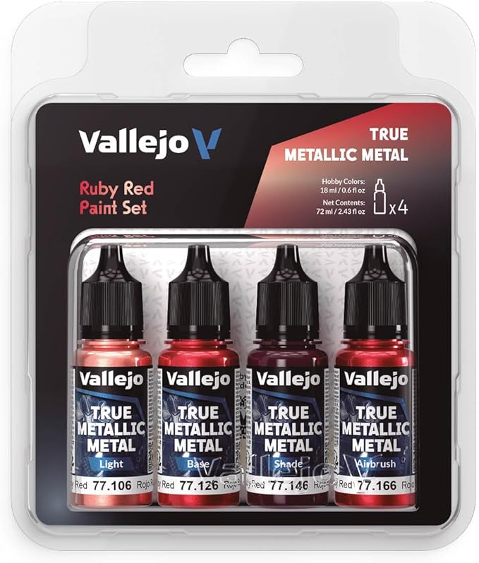 Vallejo True Metallic Paint Set, Ruby Red for Metal Painting, 4 Colors for Base, Light, Shade and Airbrush, BSL System for Consistent Results