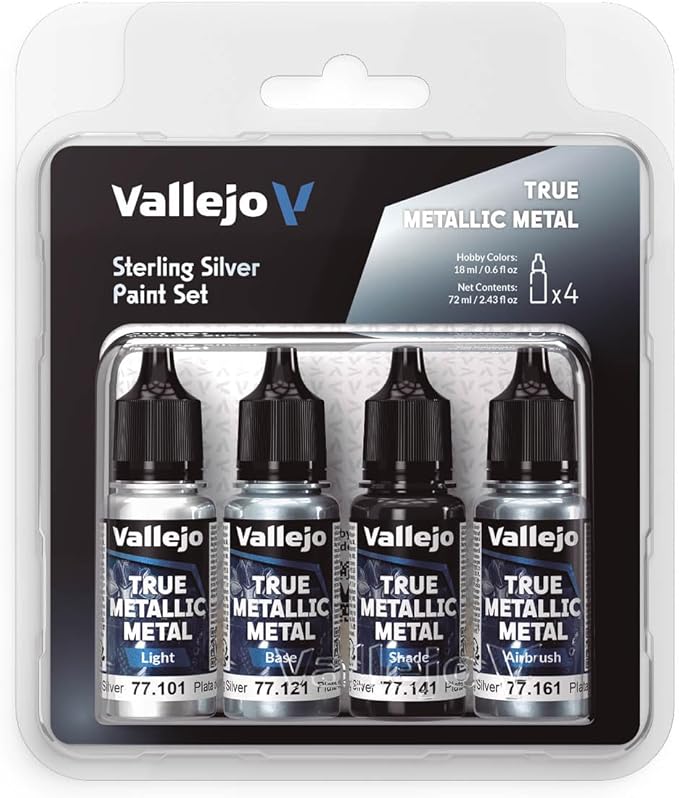 Vallejo True Metallic Paint Set, 4 Colors for Metal Painting, Includes Base, Light, Shade, Airbrush, BSL System for Consistent Results