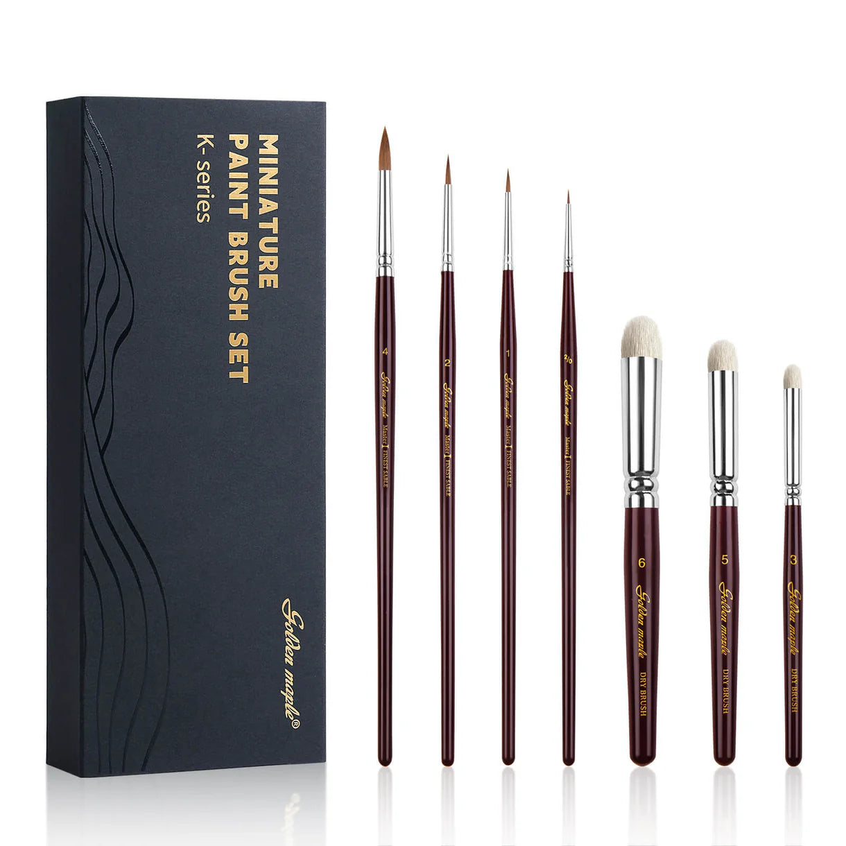 GOLDEN MAPLE:  Master I: 4 Kolinsky Sable & 3 Goat Hair Miniature Paint Brush Set - 7pcs